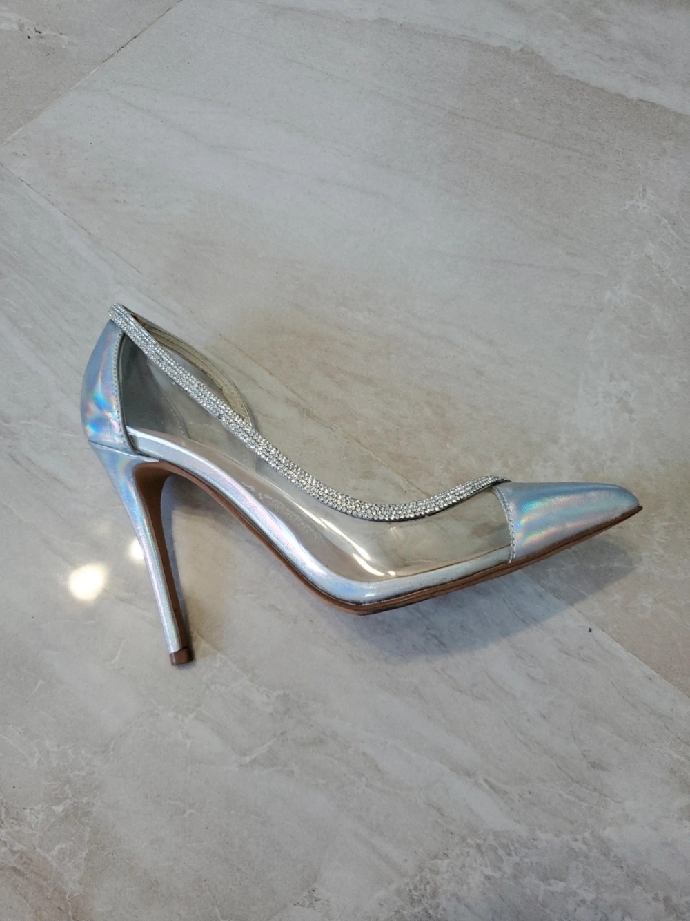 Aldo Iridescent Silver Pointed-Toe D'Orsay Pump with Rhinestone Trim
